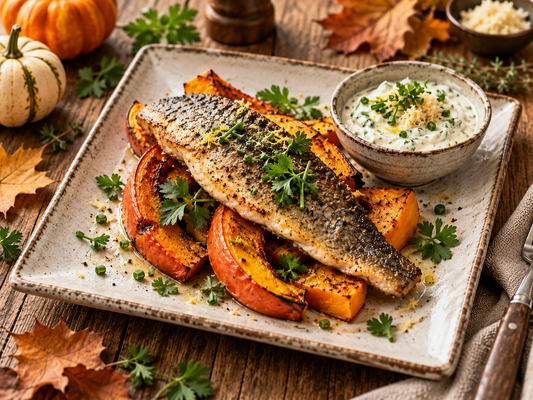 Forellenfilet mit Ofenkürbis und Kräuterdip