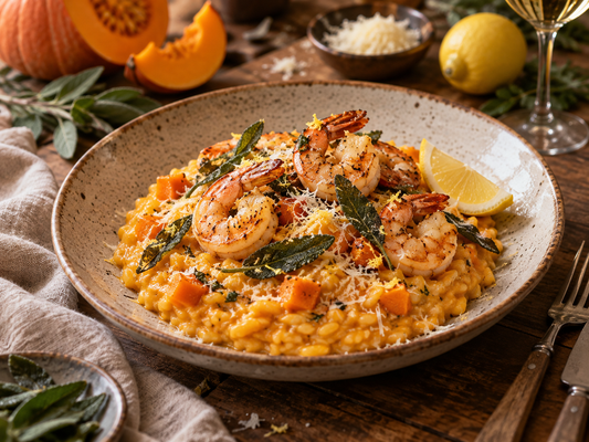Alpengarnelen auf Kürbisrisotto mit Salbei